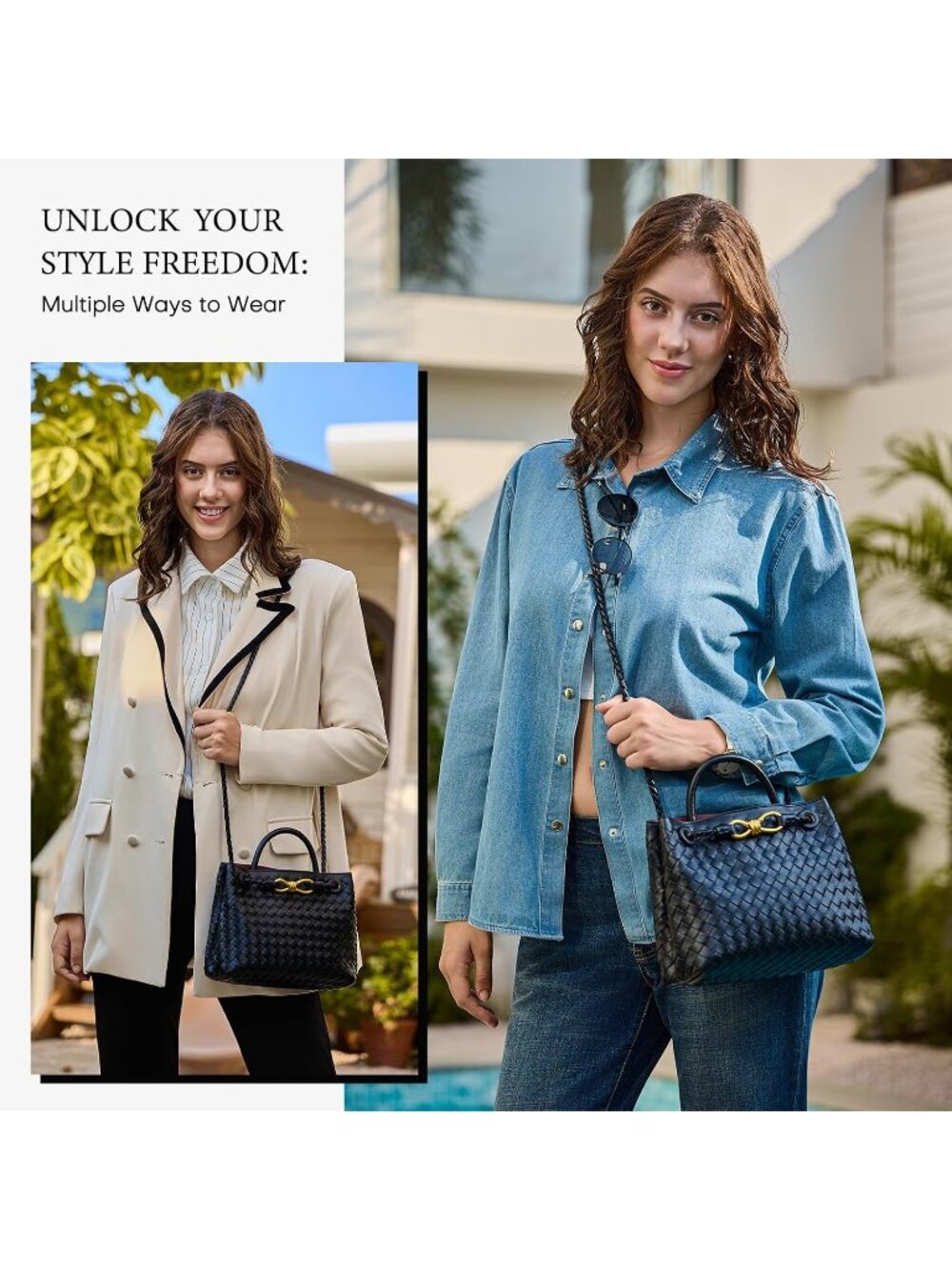 Women's Dark Brown Woven Leather Tote Handle Designer Handbag Shoulder Bag